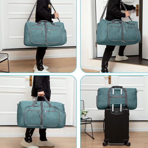 Vomgomfom 65L/85L/115L Foldable Travel Duffle Bag, Lightweight Checked Luggage with Shoe Compartment, Water-Resistant Weekender Overnight Bag for Men & Women - color: F Green, size: 65L