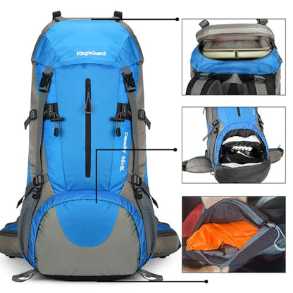 King'sGuard 70L Hiking Backpack with Rain Cover Lightweight Waterproof Travel Camping Backpack Large Backpacking Pack - color: Light Blue