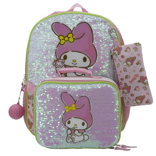 AI ACCESSORY INNOVATIONS Hello Kitty My Melody 5 Piece Backpack Set, Kawaii Flip Sequin Anime School Bag for Girls with Zip Front Pocket, Pink - color: Pink