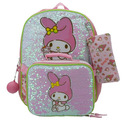 AI ACCESSORY INNOVATIONS Hello Kitty My Melody 5 Piece Backpack Set, Kawaii Flip Sequin Anime School Bag for Girls with Zip Front Pocket, Pink - color: Pink