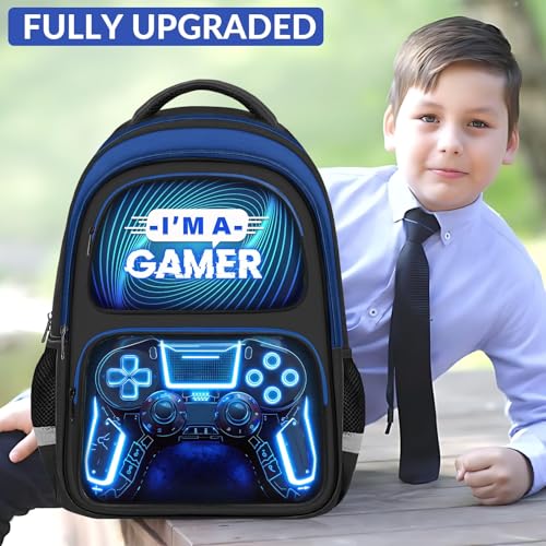 School Backpack for Boys - Gamer Boys Backpack for Kids Children Teens Elementary Middle School - 17″ Video Game Bookbag Travel Back Pack for Age 6-18 - color: Gamer Blue-backpack Only