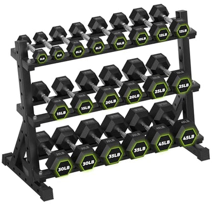 HANDBODE 3-Tier Dumbbell Rack Stand, 1000LB Capacity Storage Rack, Weight Rack for Dumbbells, Kettlebell, 390–700 lb Rubber Coated Fixed Weight Sets, Home Gym Strength Training Equipment - color: 410 lb Set (5-45 lb) *2 & Rack