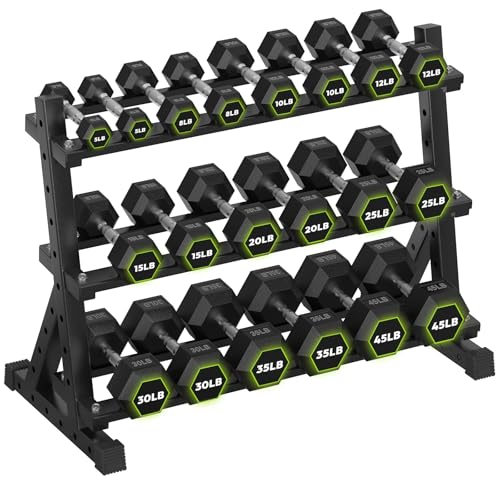 HANDBODE 3-Tier Dumbbell Rack Stand, 1000LB Capacity Storage Rack, Weight Rack for Dumbbells, Kettlebell, 390–700 lb Rubber Coated Fixed Weight Sets, Home Gym Strength Training Equipment - color: 410 lb Set (5-45 lb) *2 & Rack