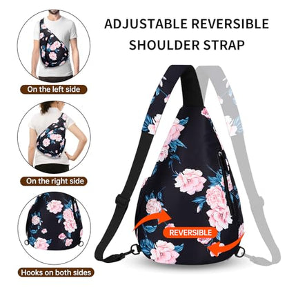 HUA ANGEL Crossbody Sling Bag for Men & Women Lightweight Waterproof Chest Shoulder Bag for Travel Hiking & Everyday Use - color: W-pink Peony