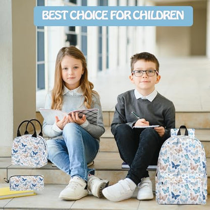 Butterfly 3PCS Backpack Set for Teens Elementary Middle High School, 17 Inch Lightweight Classic Bookpack 3 in 1 Set for Girls Boys, Kids Back to School Backpack with Lunch Box Pencil Case - color: Butterfly