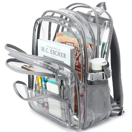 abshoo Large Heavy Duty Clear Backpack For School Bookbag Transparent Multi Pocket Backpacks (Grey) - color: Grey