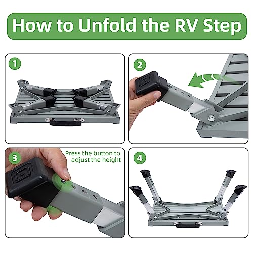 Homeon Wheels Iron RV Steps Adjustable Folding Step Stool with Non-Slip Rubber Feet, Stable Platform, Safety Strips, Handle, Easy Carry, Outdoor Camper Trailer Travel - Gray - color: Gray Luminous