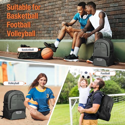 OCKLILY Basketball Backpack - Large Sports Equipment Bag with Ball Holder & Shoe Compartment, Sport Bags for Basketball, Soccer, Volleyball, Gym, School and Travel, 30L - color: Grey