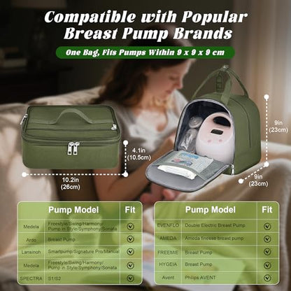 Breast Pump Bag with Insulated Cooler, Double-Layer Pumping Bag for Work & Travel, Fits Most Electric Breast Pumps, Includes 10 Ice Packs & Waterproof Mat, Detachable Bottle Cooler Tote, Green - color: Green