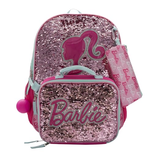 AI ACCESSORY INNOVATIONS Barbie 4 Piece Backpack Set, Sparkle & Shine with this Magic Flip Sequin School Bag for Girls with Zip Front Pocket, Pink - color: Barbie Pink
