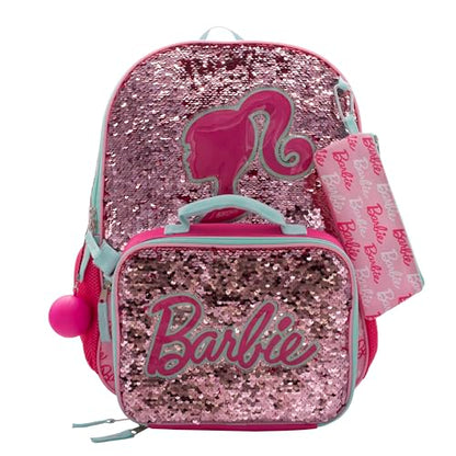 AI ACCESSORY INNOVATIONS Barbie 4 Piece Backpack Set, Sparkle & Shine with this Magic Flip Sequin School Bag for Girls with Zip Front Pocket, Pink - color: Barbie Pink