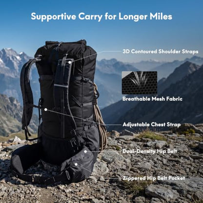 Haimont 40L+15L Roll-Top Backpacking Pack with Rain Cover, Black | Expandable 55L, Hip Belt Support, Sleeping Pad Carry, Pole Attachments, YKK & Duraflex - color: Black