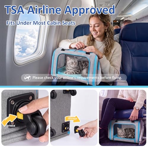 Rolling Pet Carrier with Detachable Wheels - 18x11x11 TSA Airline Approved for Southwest Delta United American, Soft Sided Expandable Travel Bag for Small Dogs & Cats up to 15Lbs, Fits Under Seat - color: Blue