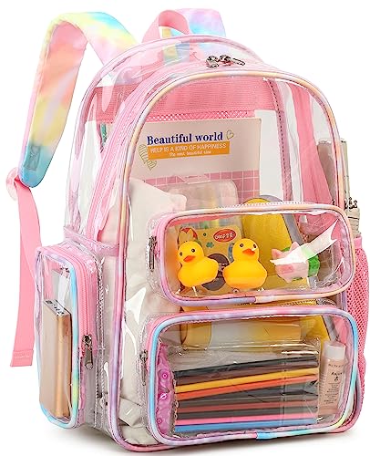 CAMTOP Clear Backpack Heavy Duty PVC Transparent Bag See Through BookBag for Student School Work Festival Sport Travel(Pink Yellow) - color: Pink, size: Medium-17‘’