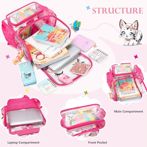 AO ALI VICTORY Clear Girls Backpacks Heavy Duty PVC Transparent Cute Backpack for Kids Toddler Girls Preschool Bookbags Elementary School Bag See Through Casual Travel Daypack,Rose Red - color: Rose Red