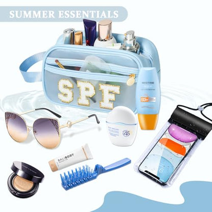 COSHAYSOO Clear Sunscreen Bag Makeup Toiletries Pouch Beach Vacation Essentials Summer Travel Stuff Accessories Personalized Graduation Gifts for Her Women College Teen Girls Teacher Nurse Blue SPF - color: Blue-SPF