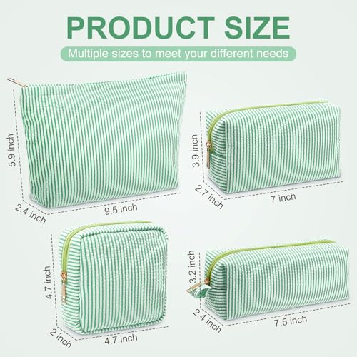 Sanwuta 4 Pcs Seersucker Pouch Cosmetic Bag Set Seersucker Makeup Bag Women Stripe Large Travel Toiletry Organizer Aesthetic Preppy Storage for Embroidery Women Bridesmaid Gifts(Green) - color: Green