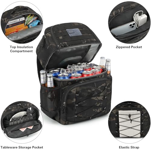 Tactical Double Deck Cooler Backpack for Men, Insulated Cooler Bag with 2 Compartment, 36 Cans Soft Military Insulated Lunch Backpack Waterproof Leakproof for Beach, Camping, Picnic, Hiking - color: Camo