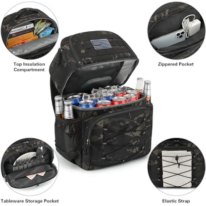 Tactical Double Deck Cooler Backpack for Men, Insulated Cooler Bag with 2 Compartment, 36 Cans Soft Military Insulated Lunch Backpack Waterproof Leakproof for Beach, Camping, Picnic, Hiking - color: Camo