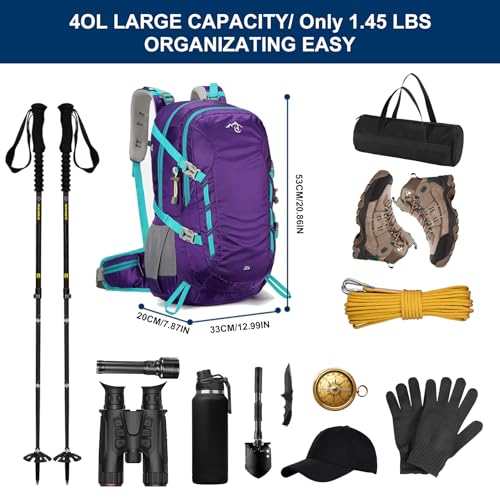 Long Keeper 40L Hiking Backpack Camping Daypack with Waterproof Rain Cover Lightweight Outdoor Sport Travel Backpack Rucksack (Purple) - color: Purple