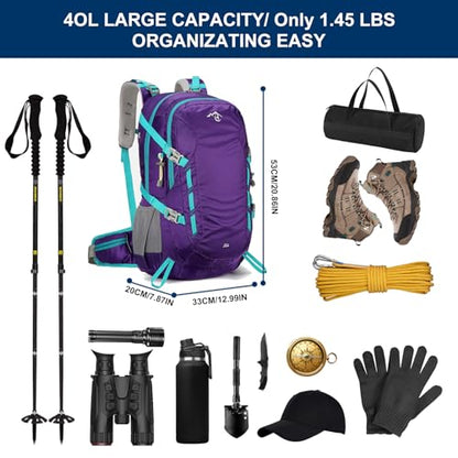Long Keeper 40L Hiking Backpack Camping Daypack with Waterproof Rain Cover Lightweight Outdoor Sport Travel Backpack Rucksack (Purple) - color: Purple