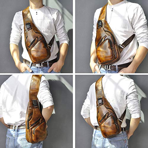 Le'aokuu Men Fashion Casual Tea Designer Travel Hiking Crossbody Chest Sling Bag Rig One Shoulder Strap Bag Men Leather 8015 | Fashion - color: Gold