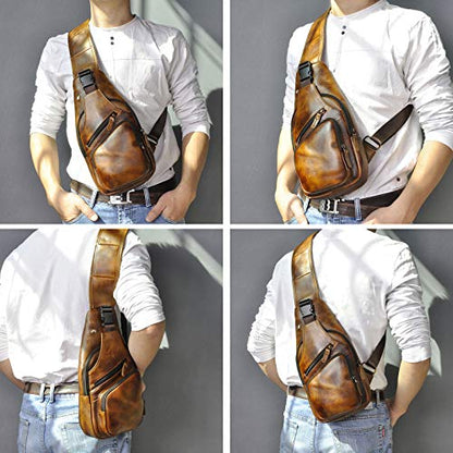 Le'aokuu Men Fashion Casual Tea Designer Travel Hiking Crossbody Chest Sling Bag Rig One Shoulder Strap Bag Men Leather 8015 | Fashion - color: Gold