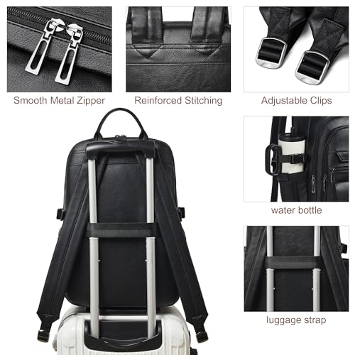 Vegan Leather Backpack, TSA Travel Backpack for Men and Women, Fits 17.0 Inch Notebook with Luggage Strap and USB Port, Black - color: Black
