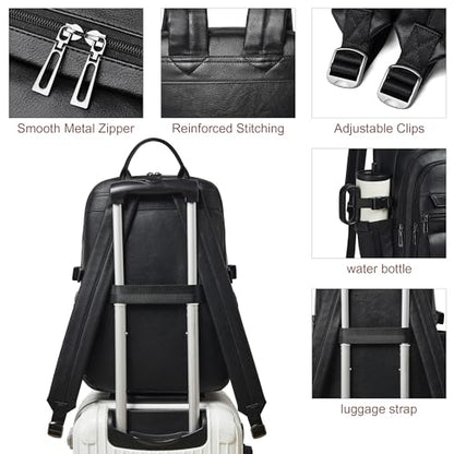 Vegan Leather Backpack, TSA Travel Backpack for Men and Women, Fits 17.0 Inch Notebook with Luggage Strap and USB Port, Black - color: Black