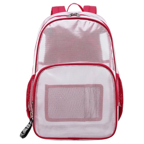 mygreen Heavy Duty Clear Backpack Durable Multi-Pockets See Through Student School Bookbag Waterproof Transparent Beach Girls Travel Bag (Red, Large) - color: Red