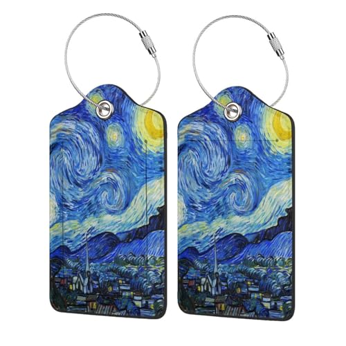 Van Gogh Starry Night Luggage Tags Set of 2 Leather Luggage Tags Privacy Cover Suitcase Label with Stainless Steel Loop for Women/Men Travel - color: Van Gogh