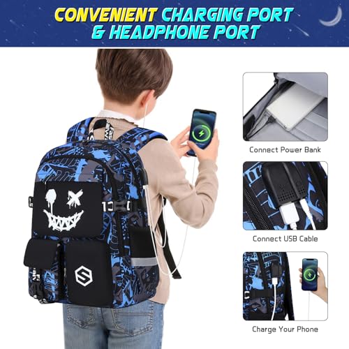 Scothen Boys Backpack, Cool Luminous School Backpacks for Boys with Lunch Bag Pencil Case, Kids Backpack Kindergarten Elementary Middle School Book Bags for Teen Boy Children with USB Charging Port - color: Blue Face