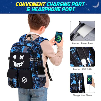 Scothen Boys Backpack, Cool Luminous School Backpacks for Boys with Lunch Bag Pencil Case, Kids Backpack Kindergarten Elementary Middle School Book Bags for Teen Boy Children with USB Charging Port - color: Blue Face