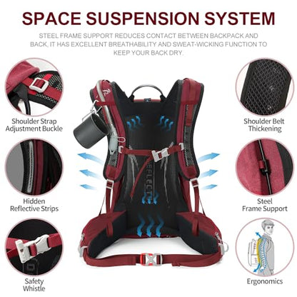 IX INOXTO Hiking Backpack, 26L/40L Waterproof Hiking Daypack with 3L Water Bladder and Rain Cover, Lightweight Travel Camping Backpack for Men Women (Red) - color: Red