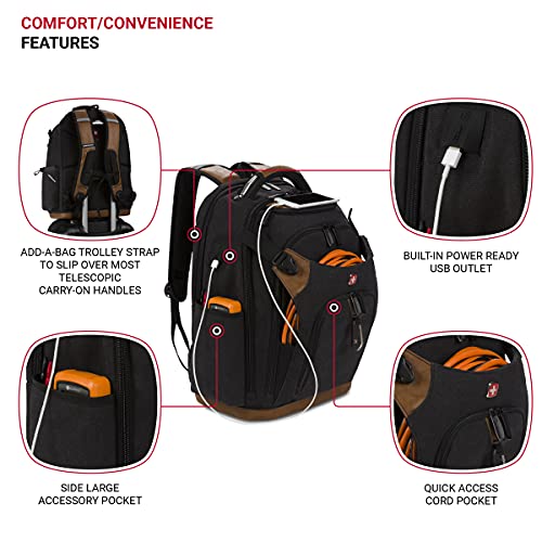 SwissGear Tool Bag Backpack, Fits Up to 17-Inch Laptop, Work Pack PRO, Black/Brown Canvas - color: Black/Brown Canvas, size: Large