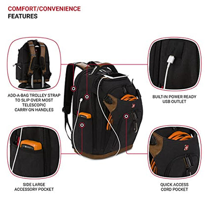 SwissGear Tool Bag Backpack, Fits Up to 17-Inch Laptop, Work Pack PRO, Black/Brown Canvas - color: Black/Brown Canvas, size: Large