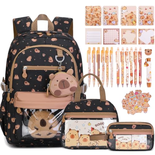 Capybara Theme Backpack for School Girls, 35PCS Kids Backpack Set with School Supplies Stationery Kit Lunch Box Pencil Case, Cute Girls Bookbag for Kindergarten Elementary Student - color: Black