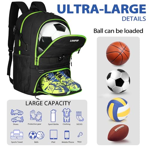 LARIPOP Soccer Backpack with Ball Holder & Shoe Compartment Large Capacity Sports Bag for Training - color: Lemon Green