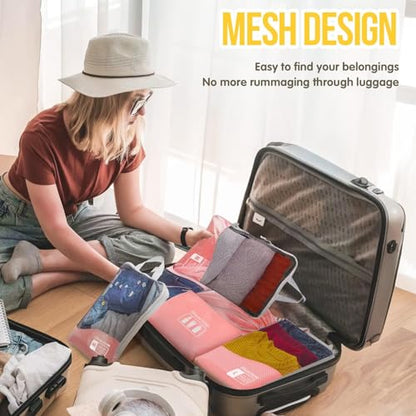 Compression Packing Cubes 8 Set, Dual Zipper Compression Packing Cubes for Travel, See-Through Mesh Packing Bags for Suitcases, Compression Travel Cubes with Shoe Bag (Pink) - color: 8 Set Pink