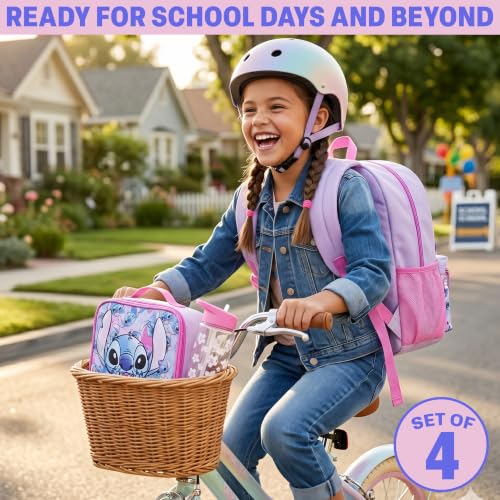 Get Trend Disney Stitch Kids Backpack 4 Piece Set | 18 inch Bookbag, Insulated Lunch Bag, Zipped Pencil Case & BPA-Free Water Bottle for School & Travel, Gifts for Girls - color: Multi Stitch
