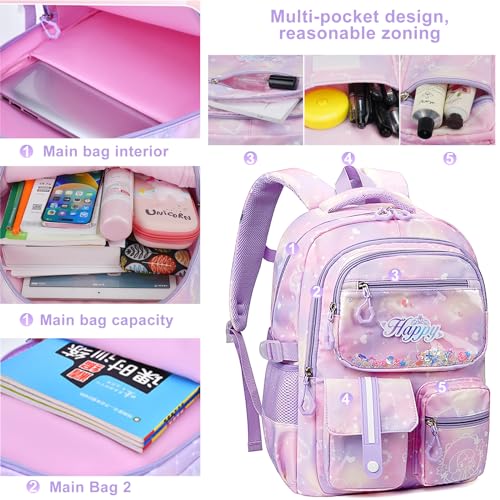 MCWTH Backpack for Teen Girls, Kawaii Cute Kids Elementary Student School Backpacks (Happy Purple) - color: Happy Purple