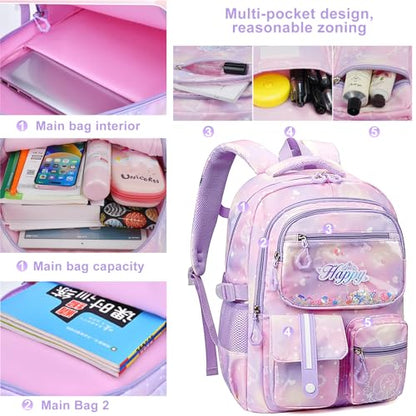 MCWTH Backpack for Teen Girls, Kawaii Cute Kids Elementary Student School Backpacks (Happy Purple) - color: Happy Purple
