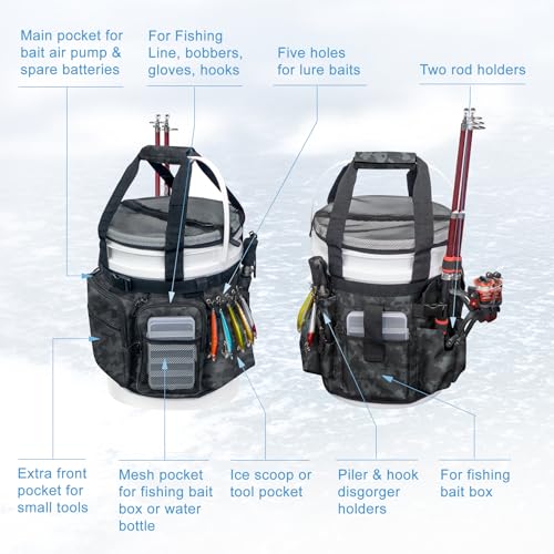 Fishing Bucket Organizer with Bucket Cover Fishing Tackle Bag with Rod & Plier Holder, Multi-Pockets for 5 Gallon Bucket Fishing Gear & Accessories Father Gifts - color: Camouflage