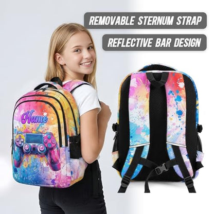Gamer Backpack for Kids Teens 6-16 Custom Gaming Bookbag, Personalized 17 inches Backpack Back to School Supplies for Game Lovers - color: Pink