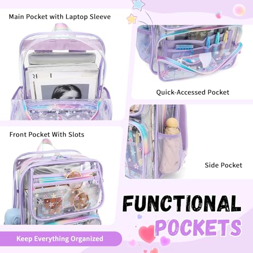 MOONBABY Clear Backpack for School Girls, Heavy Duty TPU Transparent Backpack Stadium Events Approved, Clear Bookbag - color: Purple Mermaid