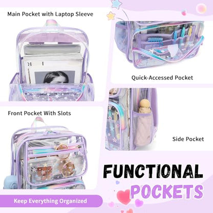 MOONBABY Clear Backpack for School Girls, Heavy Duty TPU Transparent Backpack Stadium Events Approved, Clear Bookbag - color: Purple Mermaid