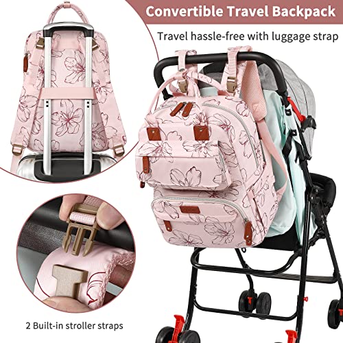 Diaper Bag Backpack, Large Diaper Backpack with Portable Changing Pad, Baby Diaper Bags for Girls, Multifunction Floral Travel Backpack for Moms Dads with Insulated Pockets and Stroller Straps