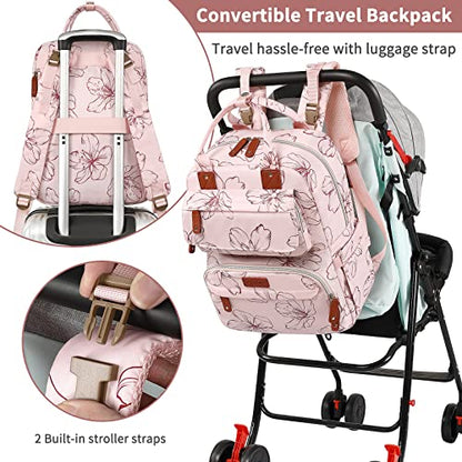 Diaper Bag Backpack, Large Diaper Backpack with Portable Changing Pad, Baby Diaper Bags for Girls, Multifunction Floral Travel Backpack for Moms Dads with Insulated Pockets and Stroller Straps