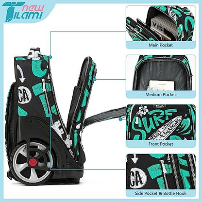 NEW TILAMI 19 inch Rolling Backpack Teens Rolling Backpack Cute Wheeled Laptop Backpack Bookbag Roller Travel Bag College, Surf Rider - color: Green Surf Rider
