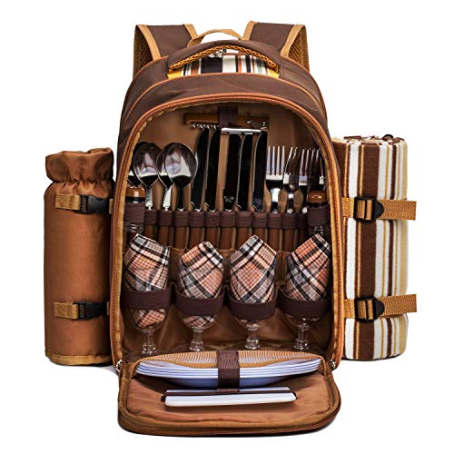 Apollo Walker Picnic Backpack Bag for 4 Person with Cooler Compartment,Wine Bag, Picnic Blanket(45"x53"),Best for Family and Lovers Gifts (Brown) - color: Brown, size: 4 Person